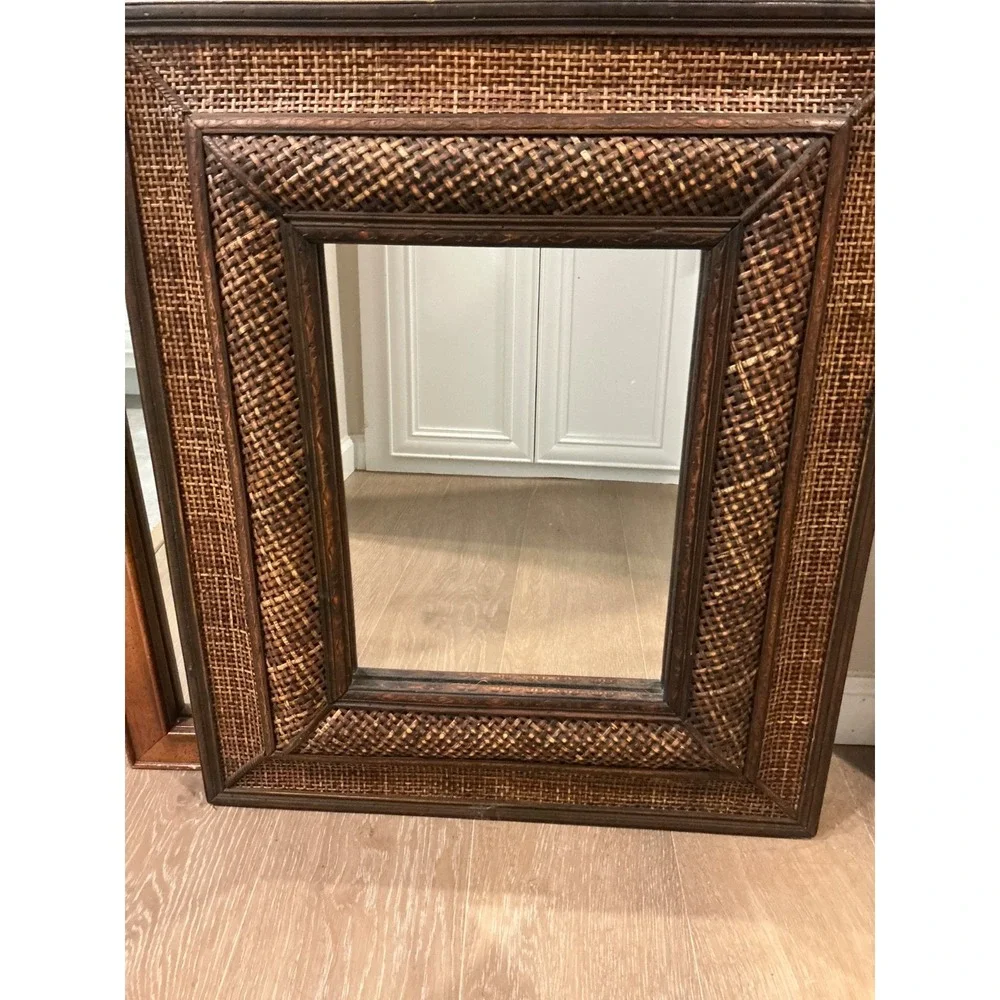 Woven Rattan Mirror, Wicker, and Bamboo Frame 26x24x2